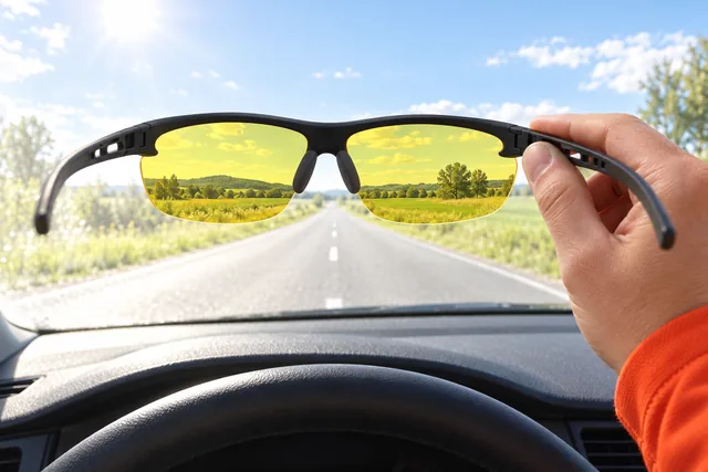 A hand holding the RideSight glasses up in front of a car's windshield, the sunny road ahead seen yellow through the lenses