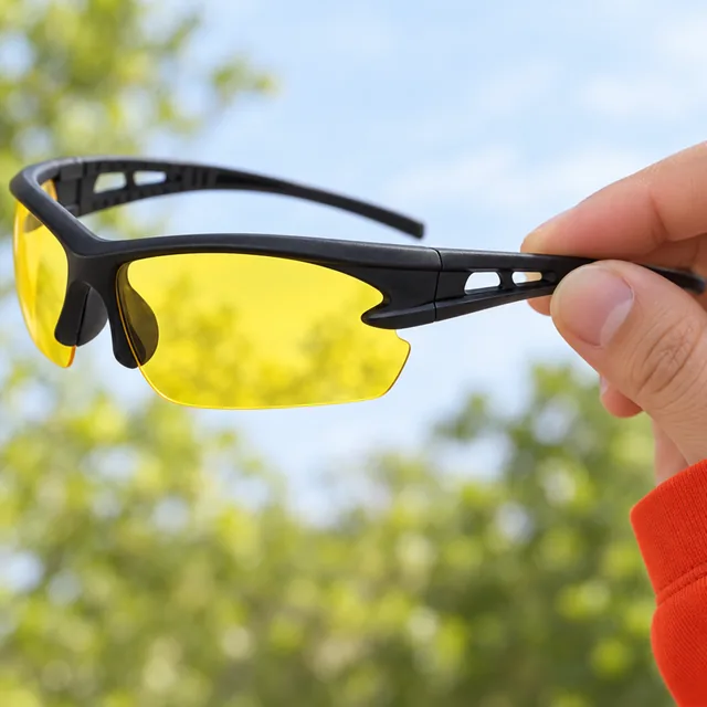 A hand holding the RideSight glasses by one arm, the black frame running along the top of the yellow lenses and the vents in the arm