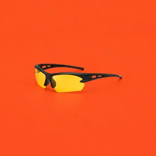 RideSight, the black sports glasses rimmed along the top only, with yellow lenses, on a vermilion background