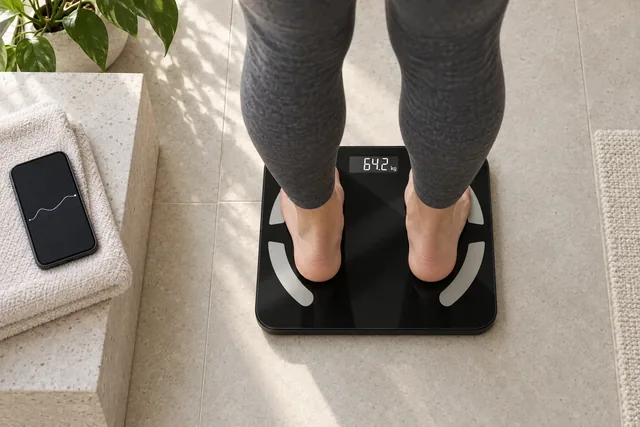 Bare feet in gray leggings standing on the black ScanoPro on a tiled floor, its display lit, a phone on a folded towel beside it