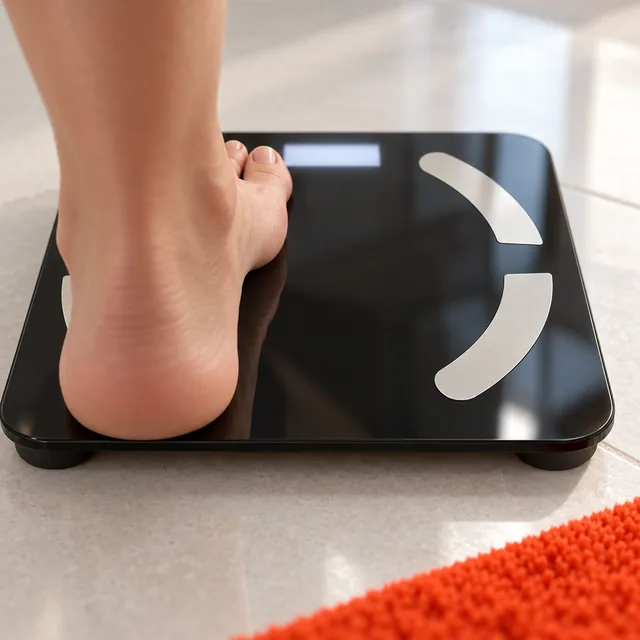 A bare foot stepping onto the black glass of the ScanoPro beside one of its pale arc pads, the display glowing beyond