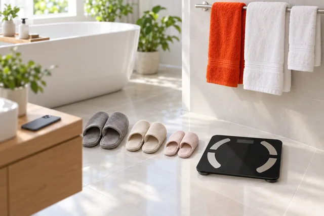 The black ScanoPro scale on a tiled bathroom floor by the bath, three pairs of slippers of different sizes in a row beside it
