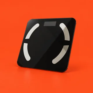 ScanoPro, the square black glass body composition scale with four pale metal pads and a display window at the top, stood up and tilted back, on a vermilion background