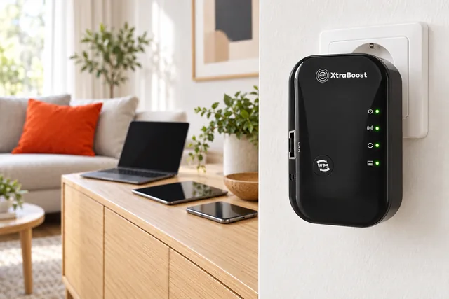 WiFi XtraBoost in una presa a muro, con un portatile, un tablet e un telefono sulla credenza alle sue spalle