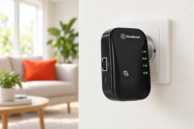 WiFi XtraBoost inserito in una presa a muro di un soggiorno luminoso, con le spie accese