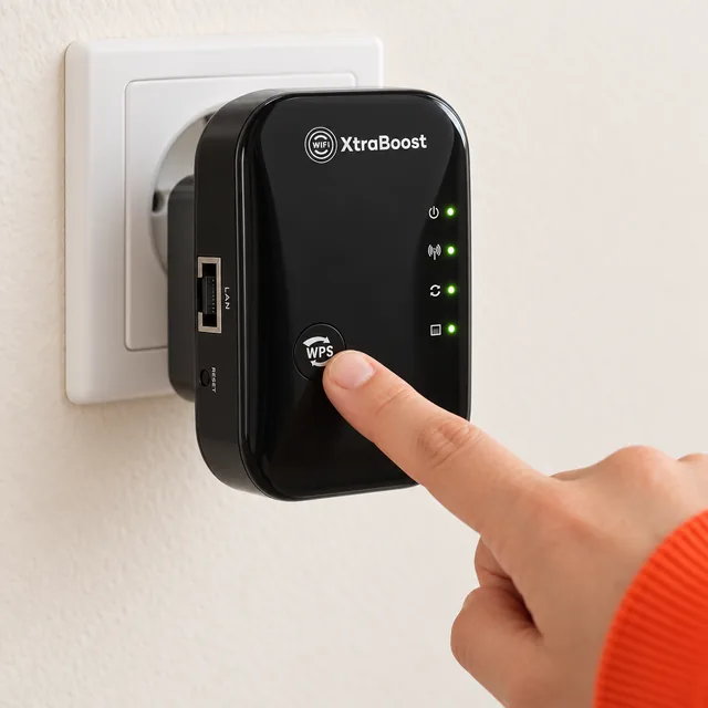 Un dito preme il pulsante WPS del WiFi XtraBoost
