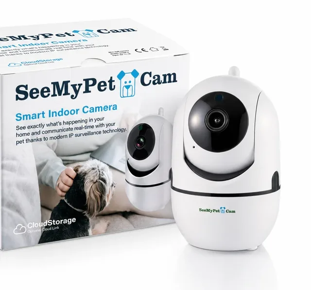 The white SeeMyPet Cam standing beside its white box on white, the box printed SeeMyPet Cam and Smart Indoor Camera, with a photograph of a hand stroking a small dog