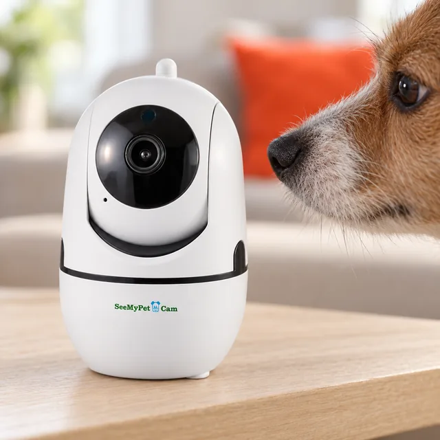 Close on the white SeeMyPet Cam, its black lens window and lens in view, a dog's nose coming in to sniff it