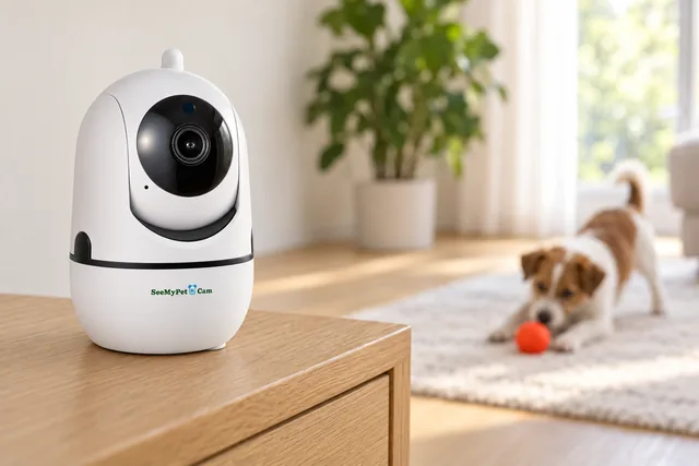 The white SeeMyPet Cam on a wooden sideboard, a small dog playing with a ball on the rug behind it