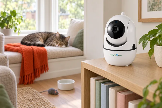 The white SeeMyPet Cam on a low bookshelf, a tabby cat asleep on the window seat beside it, a water bowl and a toy mouse on the floor