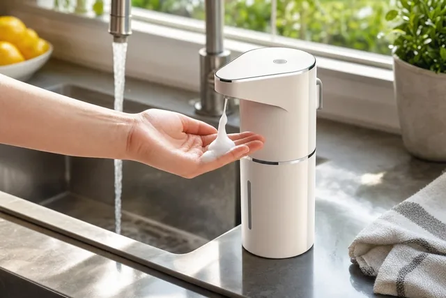 A hand under the spout of the white SensorFresh at a kitchen sink, a puff of soap landing on the palm