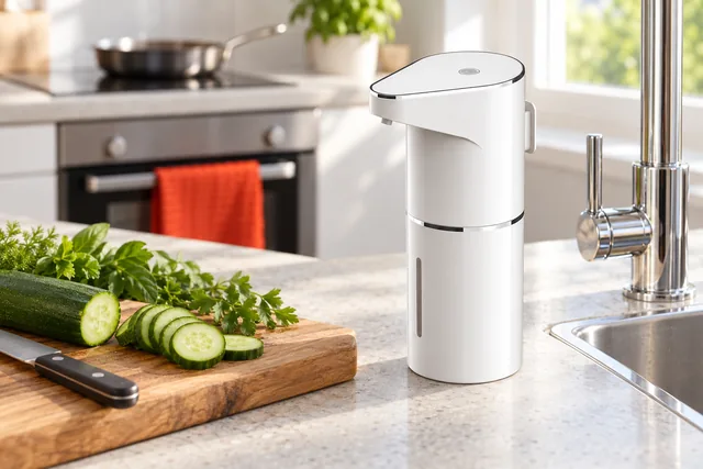 The white SensorFresh on a kitchen counter beside the sink and a chopping board with cucumber, herbs and a knife
