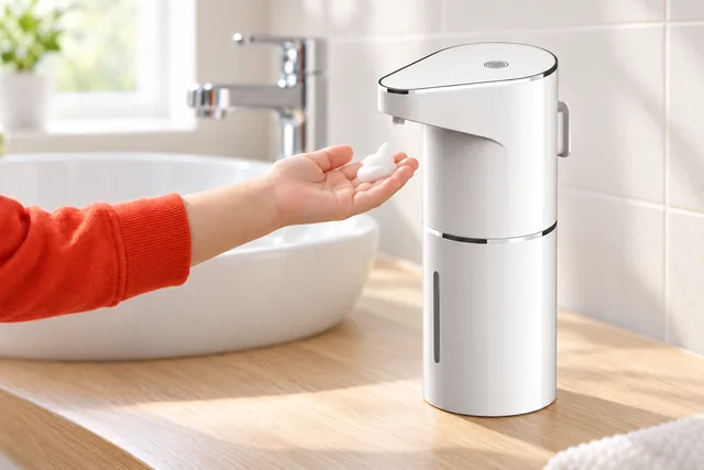 A hand held out under the spout of the white SensorFresh beside a bathroom basin, a puff of soap on the palm