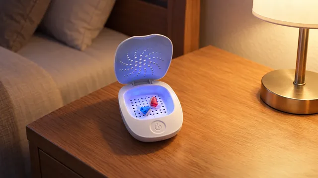 The SereneDry open on a wooden nightstand by a bed, its chamber lit blue with two small hearing aids inside, a lamp glowing beside it