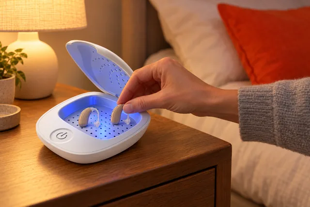 A hand setting a pair of hearing aids into the open SereneDry on a bedside table at bedtime, its chamber lit blue