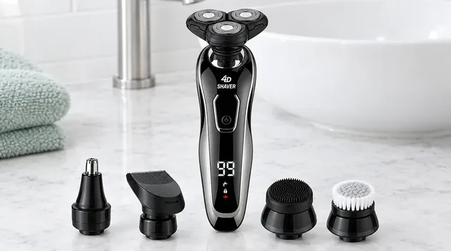 Den blanke sorte ShiftShave-barbermaskine står på en marmorbordplade ved en håndvask, med næse- og ørehårstrimmeren, trimmerhovedet med kam, silikonebørsten og den almindelige børste på række foran sig