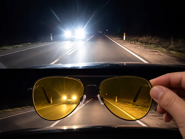 Øverst en vej om natten med en modkørende bils lygter der blænder, og nederst samme vej set gennem de gule SightNight-glas, som en hånd holder op, med lygterne blødere