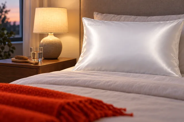 The white Silky Cloud pillowcase on a pillow in a bedroom in the evening, a lamp lit, a hairbrush and a glass of water on the nightstand