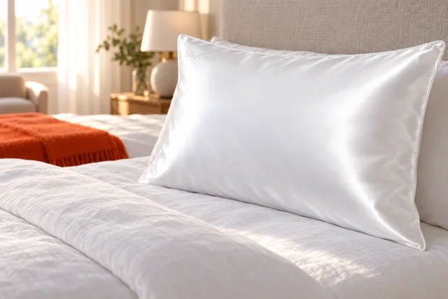 The white Silky Cloud silk pillowcase on a pillow at the head of a made bed, its sheen catching the morning light