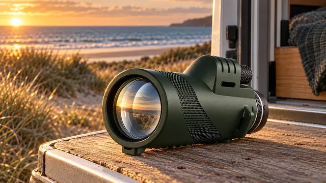 The dark green SkyScout Monocular resting on the wooden step of a camper van, dune grass and the sea at sunset behind it