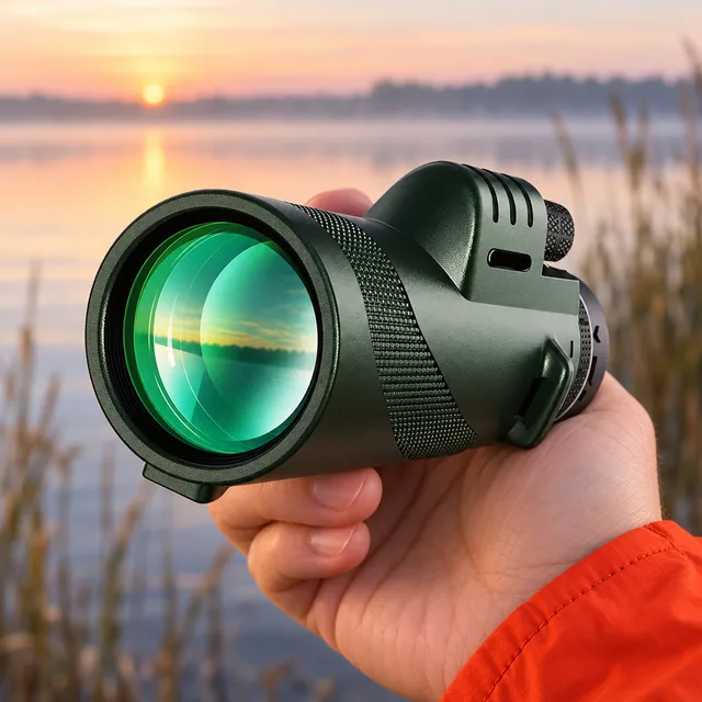 Close on the wide objective lens of the green SkyScout Monocular held at dawn, green reflections in the glass