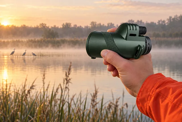 A hand raising the green SkyScout Monocular toward the far bank of a misty lake at dawn, wading birds in the distance