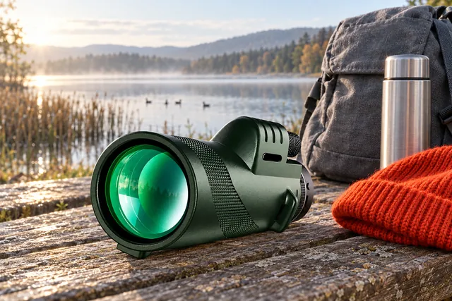 The green SkyScout Monocular lying on a wooden bench at a lakeside in early morning, a daypack, a flask and a knitted hat beside it