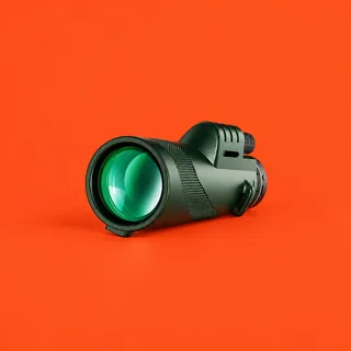 SkyScout Monocular, the dark green monocular with its wide front lens, the textured grip band and the black knurled eyepiece ring, on a vermilion background