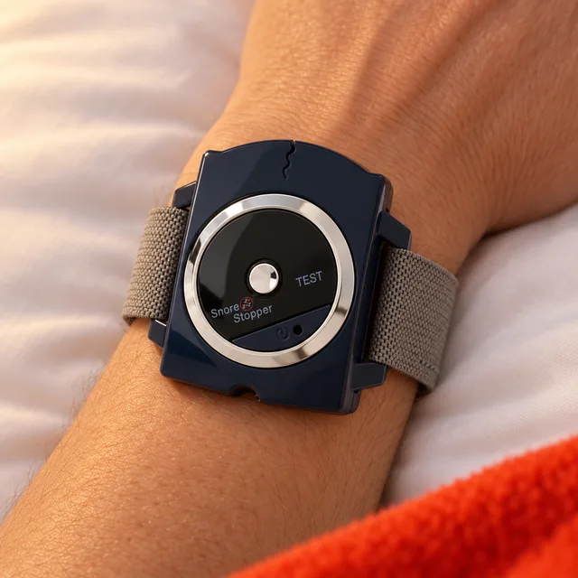 Close on the face of the navy SleepNix on a wrist, its silver ring, the central button marked TEST and the gray elastic strap