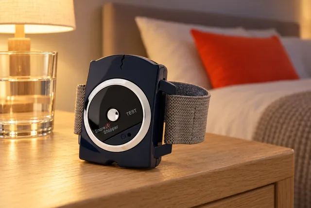 The navy SleepNix standing on a bedside table beside a glass of water and a lamp, a double bed behind
