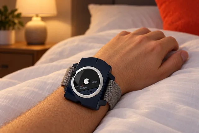 A forearm resting on a duvet at bedtime with the navy SleepNix on the wrist, a bedside lamp glowing behind