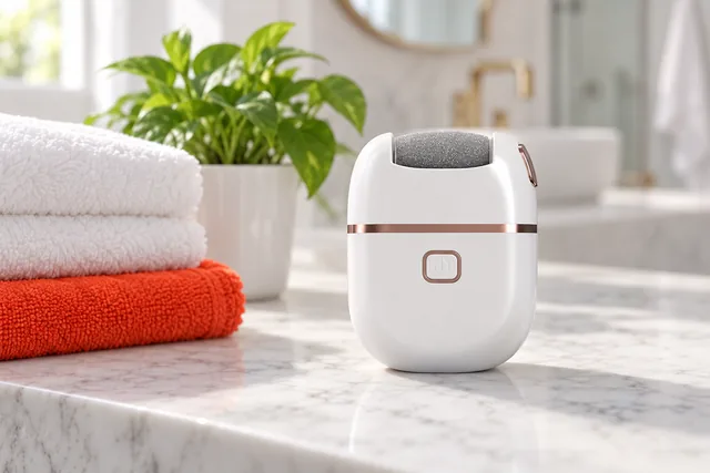 The white SmoothSole standing on a marble bathroom counter beside folded towels and a plant