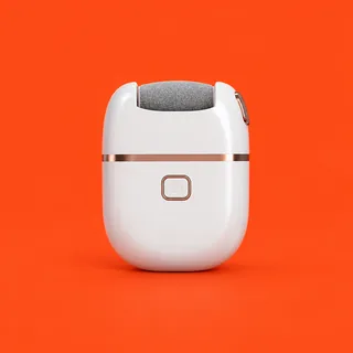 SmoothSole, the white egg shaped electric foot file with its gray roller head, rose gold band and square button, on a vermilion background