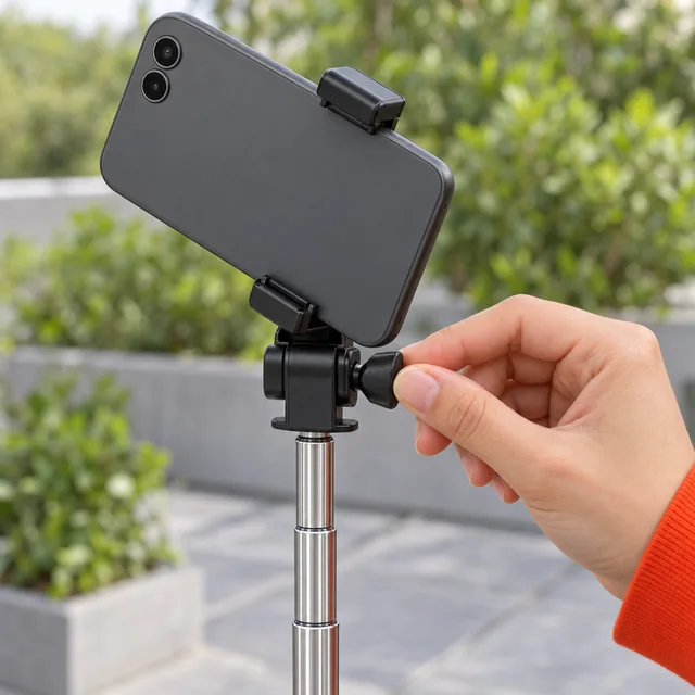 Des doigts tournent la molette de la tête inclinable de la SnapScope, un téléphone tenu dans sa pince