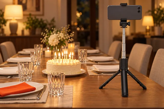 La SnapScope debout sur une table d’anniversaire, le soir, un téléphone fixé en haut, un gâteau aux bougies allumées, des verres et des assiettes autour