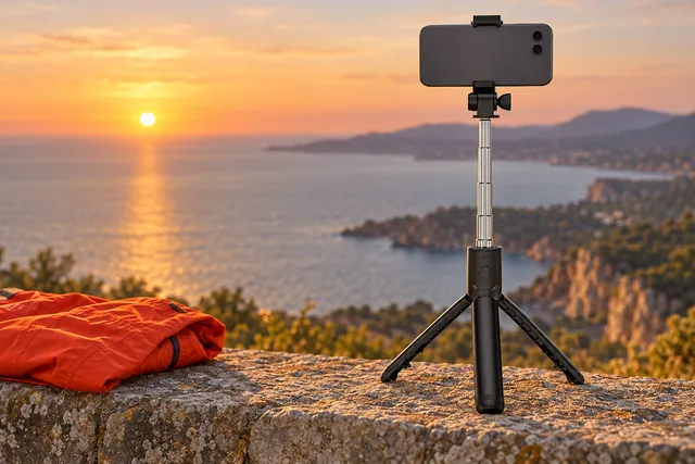 La SnapScope dressée en trépied sur un muret de pierre au-dessus de la mer, au coucher du soleil, un téléphone fixé à l’horizontale en haut