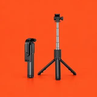 SnapScope, la perche à selfie trépied noire sur fond vermillon : repliée à gauche, ouverte à droite, ses trois pieds écartés et son tube chromé déployé jusqu’à la tête inclinable