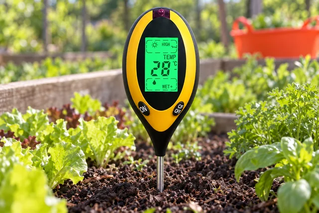 The yellow and black SoilSentry with its probe pushed into a raised vegetable bed among young lettuces, its green display lit