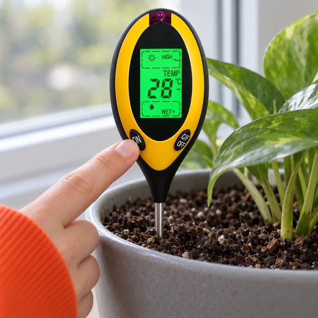 A fingertip pressing the ON button of the SoilSentry under its lit green display, its probe in the soil of a gray pot