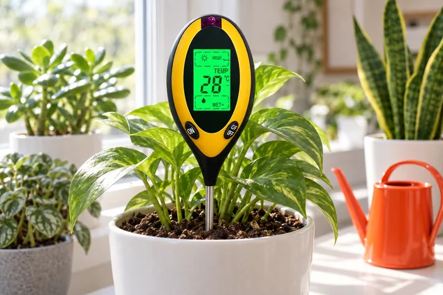 The SoilSentry with its probe in a potted plant on a sunny windowsill among other houseplants, a watering can beside them