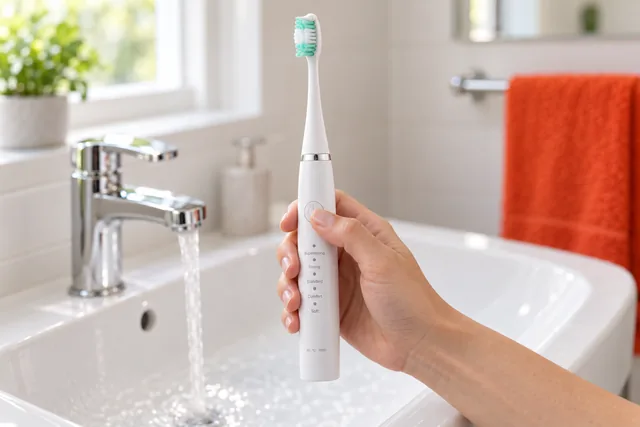 Une main tient la brosse à dents SonicScale blanche au-dessus d’un lavabo, le robinet ouvert derrière