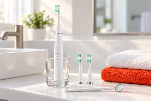 La SonicScale blanche debout dans un verre transparent sur un plan de salle de bain, deux têtes de rechange et un miroir dentaire à côté, des serviettes pliées derrière