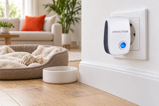 The white SonicStop plugged into a socket low on a living room wall, a dog's basket and a water bowl on the wooden floor beside it