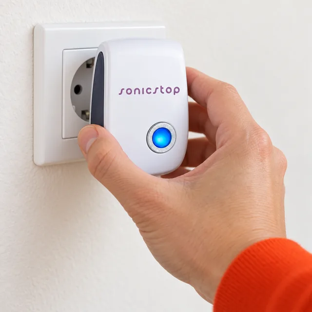 A hand pushing the white SonicStop into a wall socket, its purple wordmark and glowing blue light in view