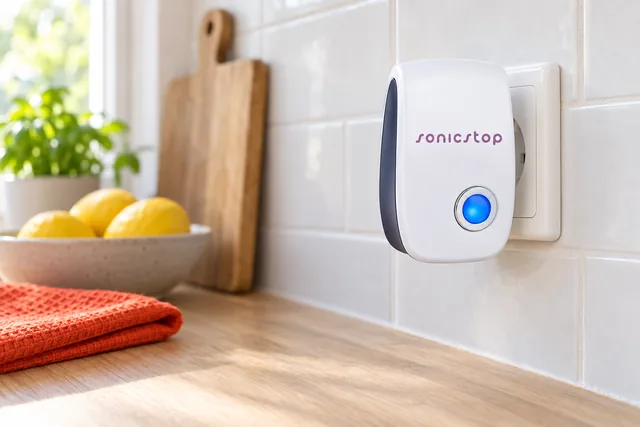 The white SonicStop plugged into a wall socket above a kitchen worktop, its round blue light glowing