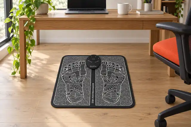 The black Sontho mat lying under a wooden desk on a light floor, the chair pushed back, a laptop and a mug on the desk