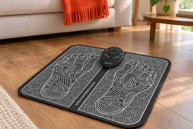The black Sontho foot massager mat lying on a wooden floor by a sofa, its oval controller on the band between the two foot outlines
