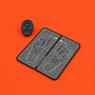 Sontho, the black EMS foot massager mat with white line art of two foot soles, its oval controller beside it, on a vermilion background