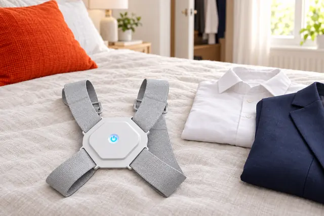The SpineBuzz harness lying on a made bed beside a folded white shirt and a navy blazer