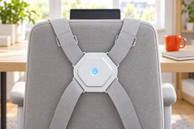 The SpineBuzz harness hung over the back of an empty desk chair, its white module where the shoulder blades sit and its blue power symbol lit